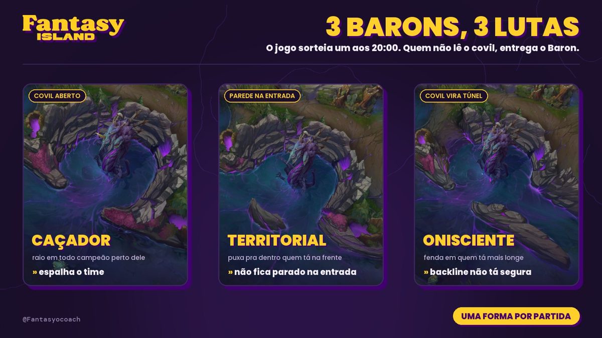 Os 3 Barons: Caçador, Territorial e Onisciente, cada um com seu covil